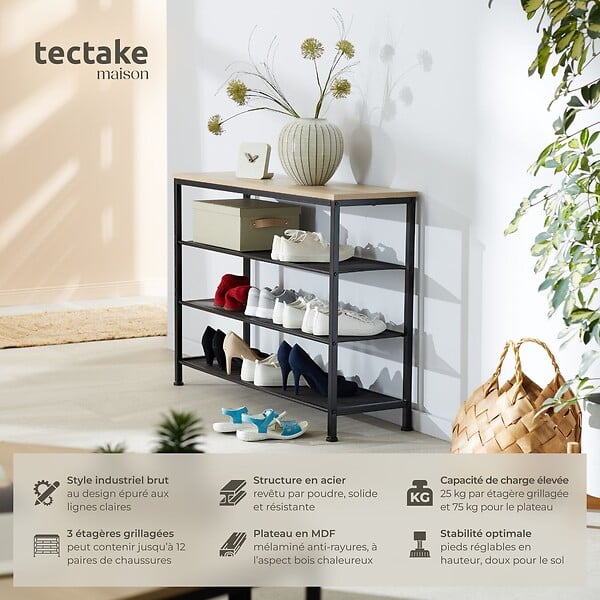 TECTAKE - Étagère à chaussures PORTSMOUTH 100x30,5x72,5cm Bois clair industriel, Chêne Sonoma - large