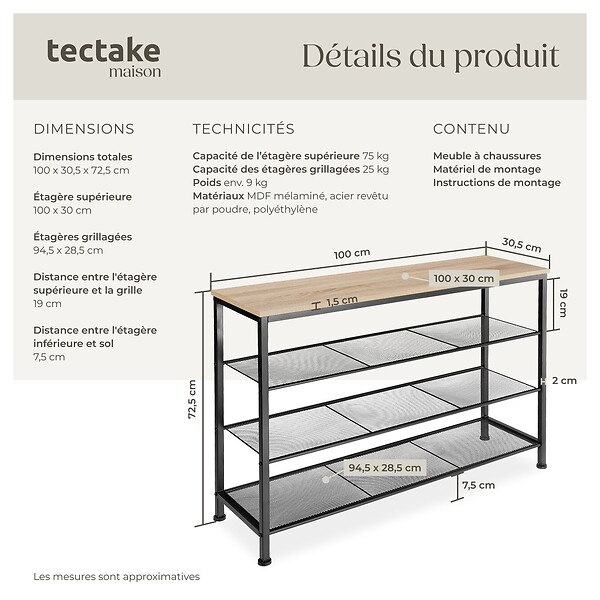 TECTAKE - Étagère à chaussures PORTSMOUTH 100x30,5x72,5cm Bois clair industriel, Chêne Sonoma - large