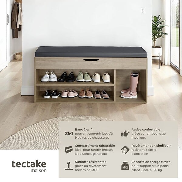 TECTAKE - Banc à chaussures NATALYA avec coussin d'assise 104x30x49cm Bois clair, Chêne Sonoma - large