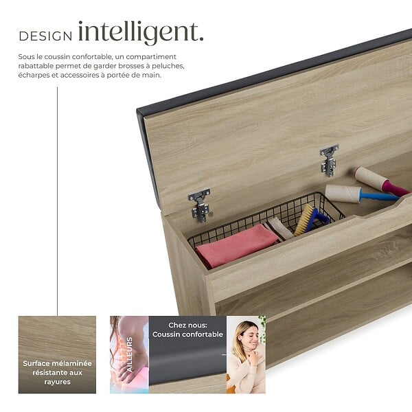 TECTAKE - Banc à chaussures NATALYA avec coussin d'assise 104x30x49cm Bois clair, Chêne Sonoma - large