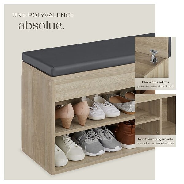 TECTAKE - Banc à chaussures NATALYA avec coussin d'assise 104x30x49cm Bois clair, Chêne Sonoma - large