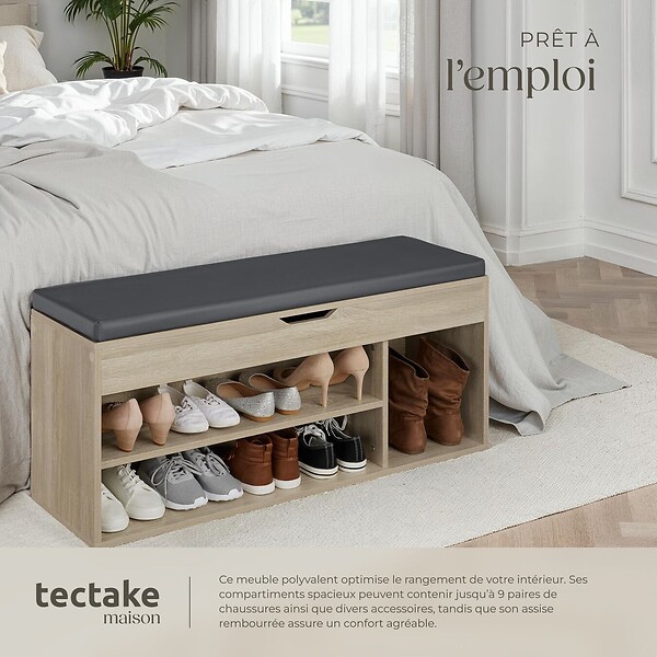 TECTAKE - Banc à chaussures NATALYA avec coussin d'assise 104x30x49cm Bois clair, Chêne Sonoma - large
