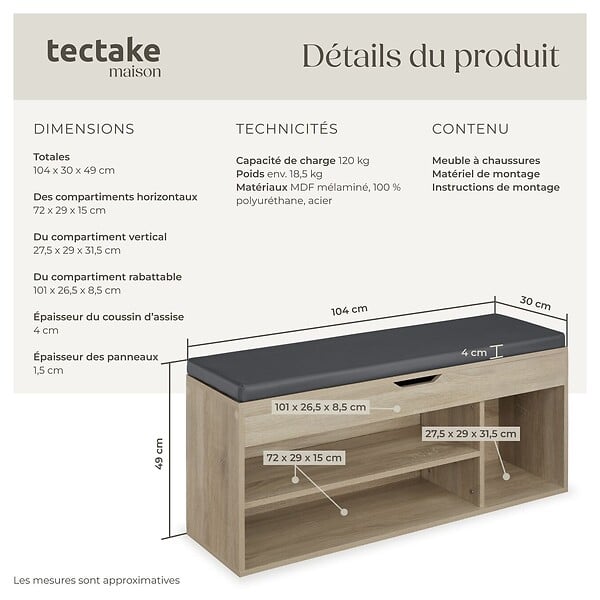 TECTAKE - Banc à chaussures NATALYA avec coussin d'assise 104x30x49cm Bois clair, Chêne Sonoma - large