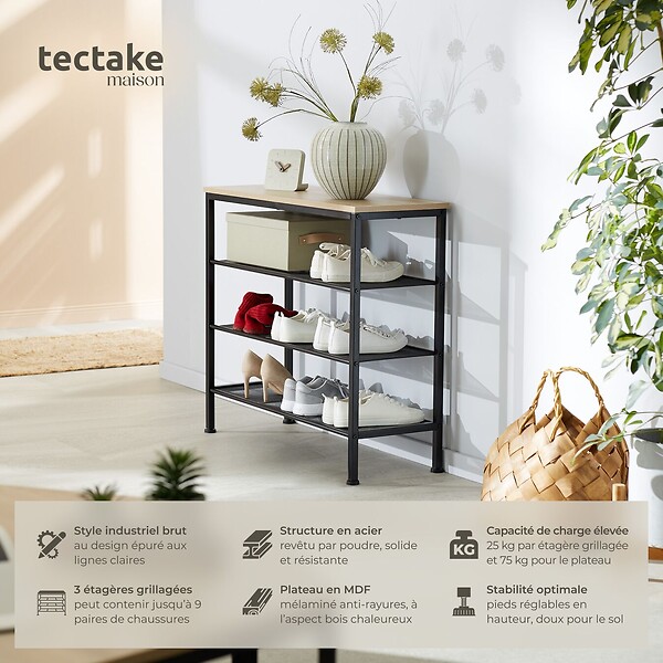 TECTAKE - Étagère à chaussures NEWPORT 80,5x30,5x72,5cm Bois clair industriel, Chêne Sonoma - large