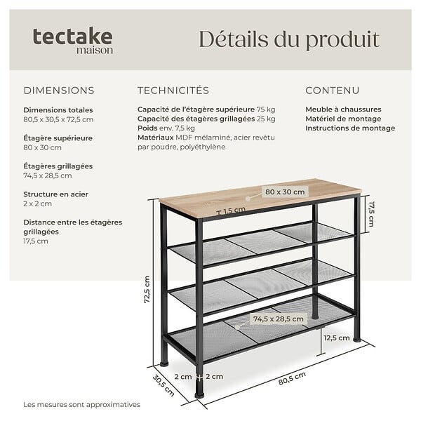 TECTAKE - Étagère à chaussures NEWPORT 80,5x30,5x72,5cm Bois clair industriel, Chêne Sonoma - large