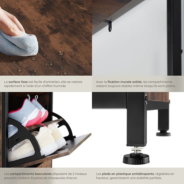 TECTAKE - Étagère à chaussures Bois foncé industriel, rustique - large