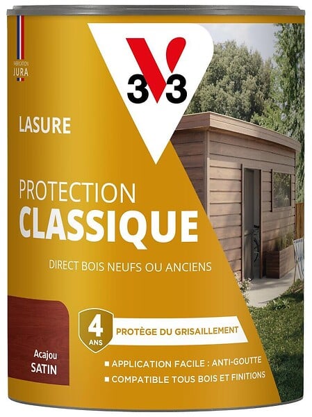 V33 BOIS - Lasure Protection Classique 4 ans acajou 0,75 L - large