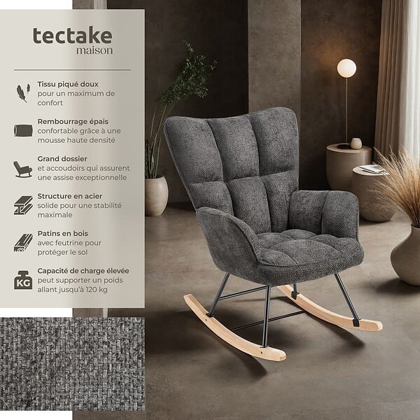 TECTAKE - Fauteuil à bascule TORVE rembourré Chenille anthracite - large