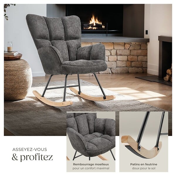 TECTAKE - Fauteuil à bascule TORVE rembourré Chenille anthracite - large
