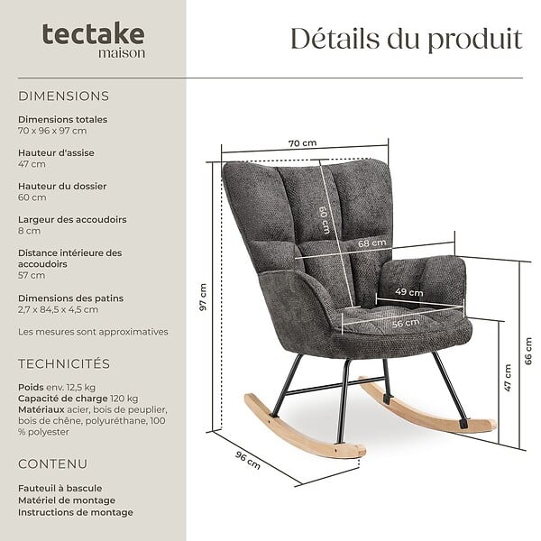 TECTAKE - Fauteuil à bascule TORVE rembourré Chenille anthracite - large