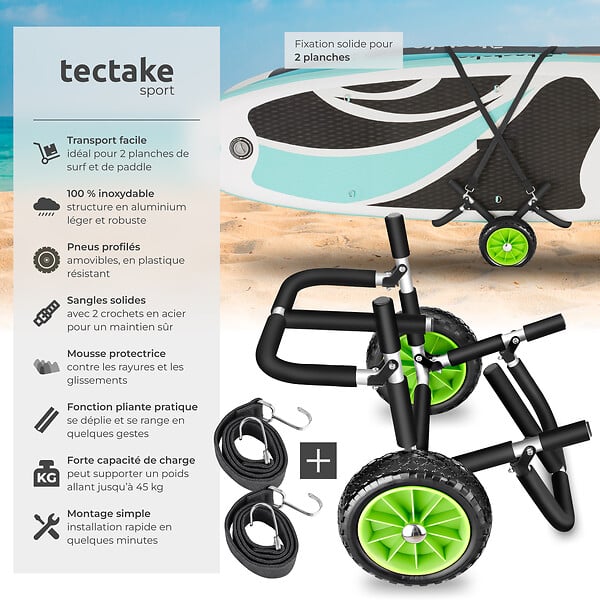 TECTAKE - Chariot de transport de surf WaveWheel noir/vert - large