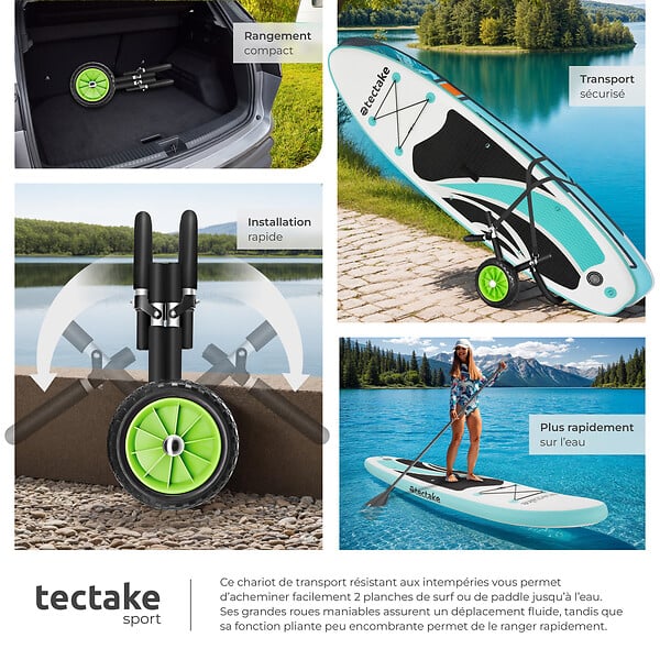 TECTAKE - Chariot de transport de surf WaveWheel noir/vert - large