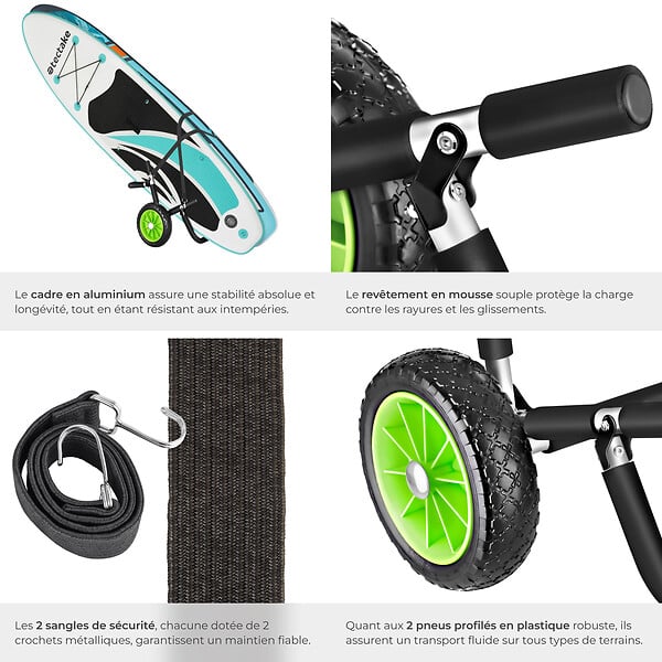 TECTAKE - Chariot de transport de surf WaveWheel noir/vert - large