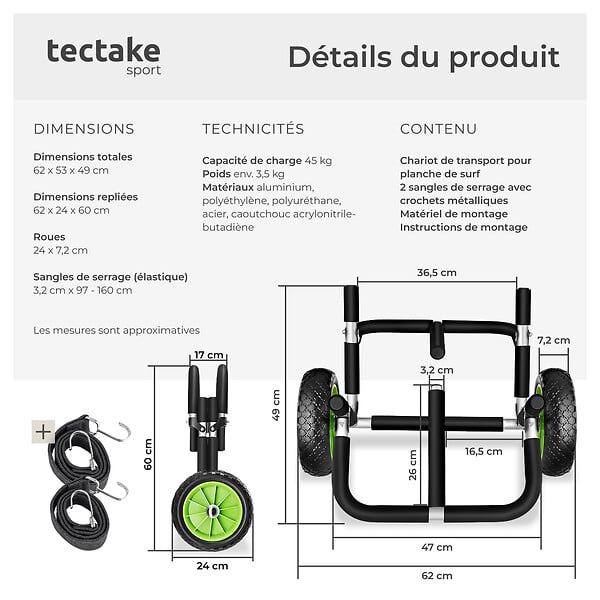 TECTAKE - Chariot de transport de surf WaveWheel noir/vert - large