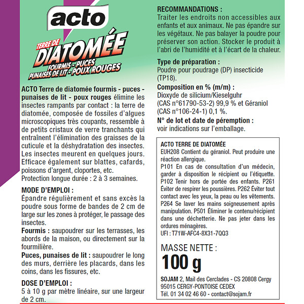 ACTO - Acto terre de diatomée poudre fourmis - puces - punaises de lit - poux rouges - large