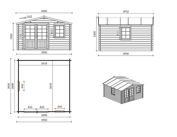 ALTANKA - Abri de jardin en bois - 15.21m2 - 3.9x3.9m - Ep. 40mm - Couleur: naturel - DOM658 - large