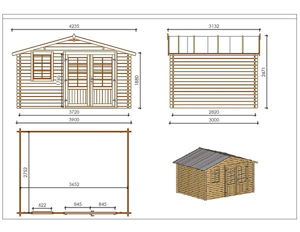 ALTANKA - Abri de jardin en bois - 11.7m2 - 3.9x3m - Ep. 34mm - Couleur: naturel - DOM561 - large