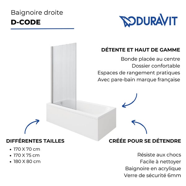 DURAVIT - Baignoire droite D-Code bonde au cente 170 x 70 cm + Pare bain AURYS Raywall chromé version gauche - large