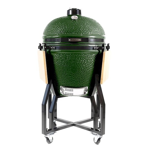 INTEC - Barbecue à charbon de bois Kamado Céramique Vert - 2 zones de cuisson Grill & Fumoir Ø56cm - Barbecue mobile + 2 tablettes INTEC - large