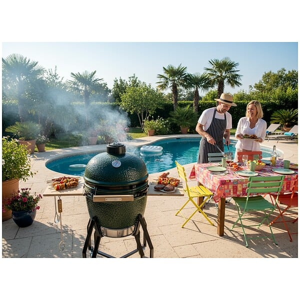 INTEC - Barbecue à charbon de bois Kamado Céramique Vert - 2 zones de cuisson Grill & Fumoir Ø56cm - Barbecue mobile + 2 tablettes INTEC - large