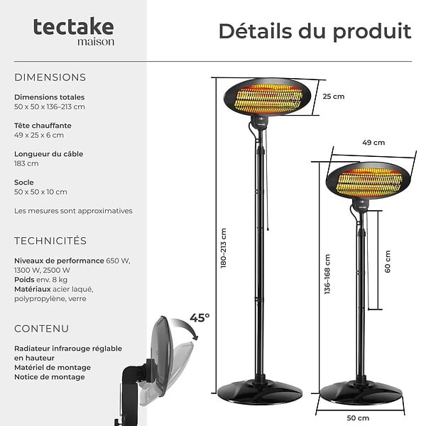 TECTAKE - Radiateur infrarouge Solaris Monolith 2000W réglable en hauteur noir - large