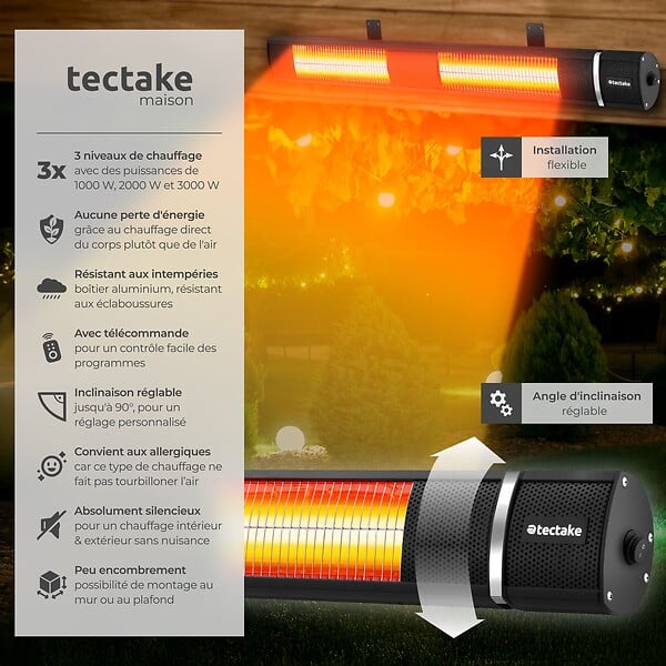 TECTAKE - Radiateur infrarouge Solaris Horizon 3000W, boîtier en aluminium noir - large