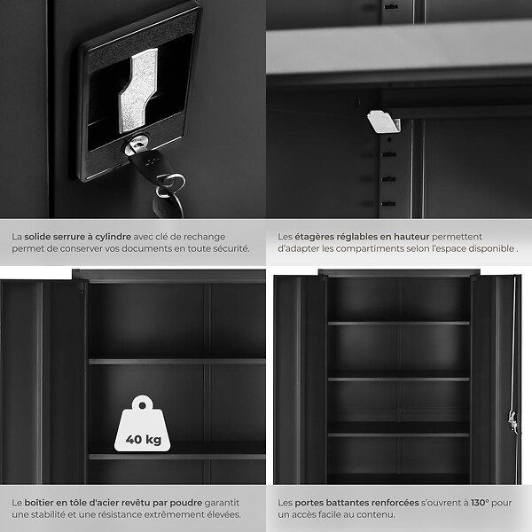 TECTAKE - Armoire de classement noir en acier époxy 180x80x40 cm avec étagères réglables et serrure à clé - large