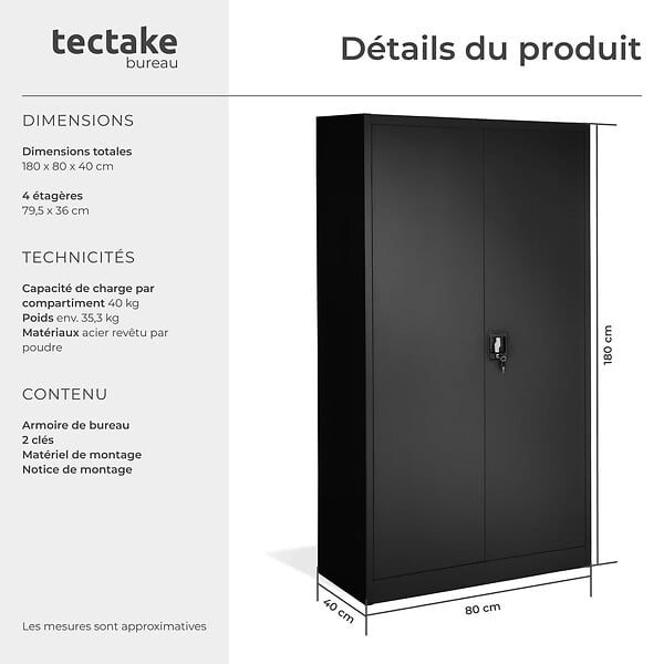 TECTAKE - Armoire de classement noir en acier époxy 180x80x40 cm avec étagères réglables et serrure à clé - large