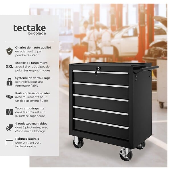 TECTAKE - Servante d'atelier 5 tiroirs noir - large