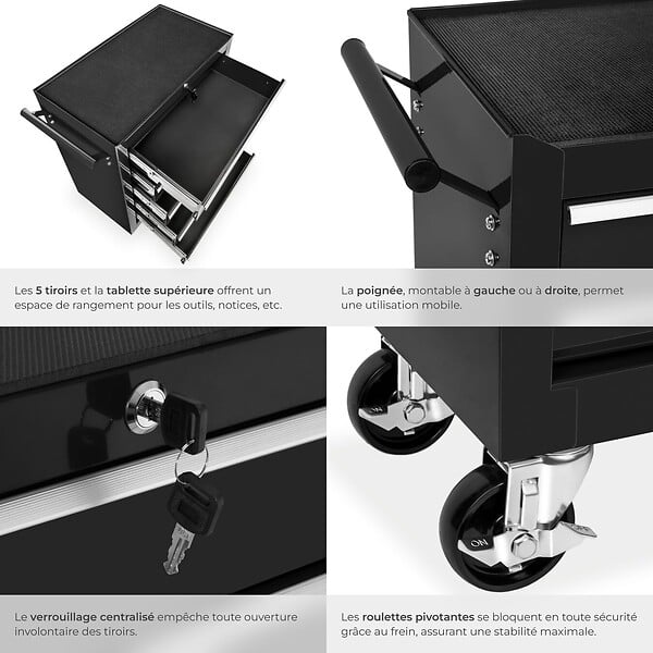 TECTAKE - Servante d'atelier 5 tiroirs noir - large
