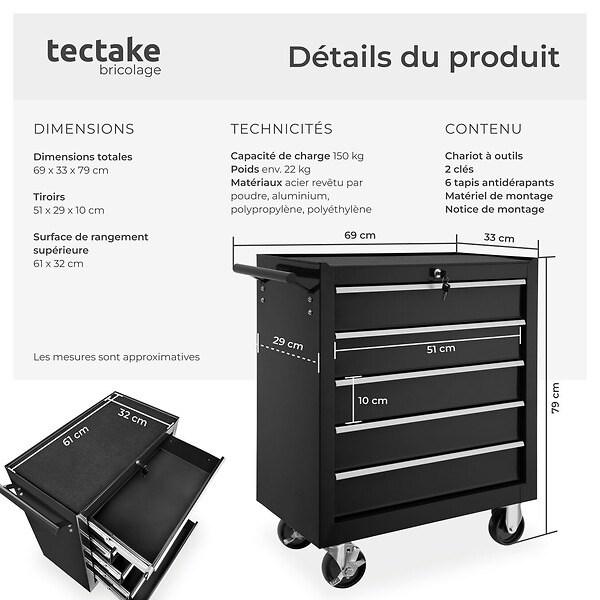 TECTAKE - Servante d'atelier 5 tiroirs noir - large