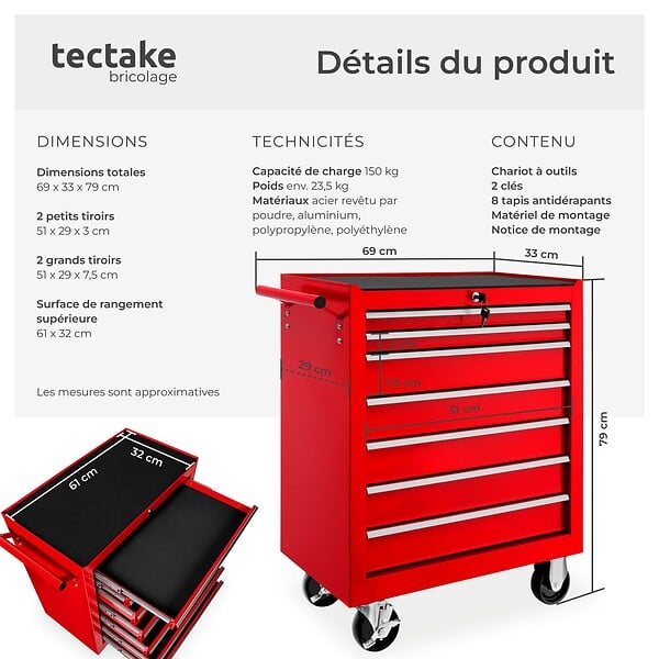 TECTAKE - Servante d'atelier 7 tiroirs rouge - large