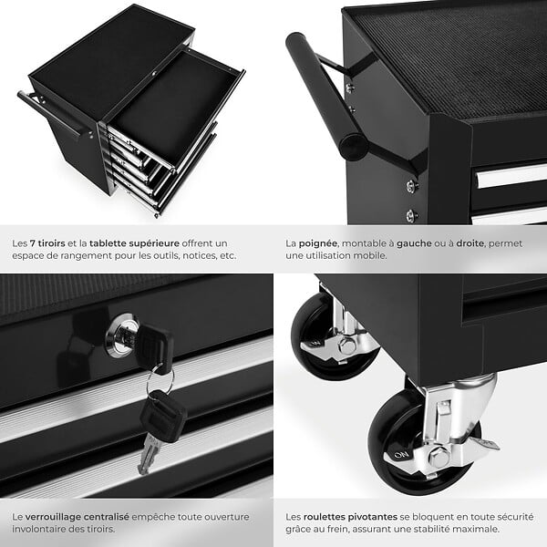 TECTAKE - Servante d'atelier 7 tiroirs noir - large