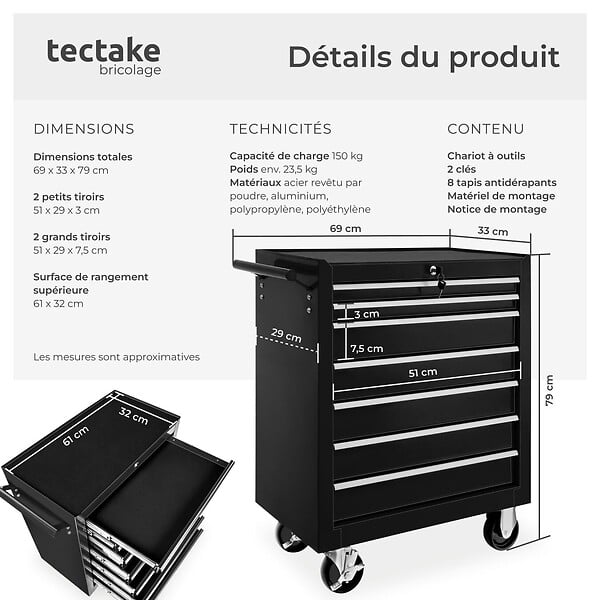 TECTAKE - Servante d'atelier 7 tiroirs noir - large