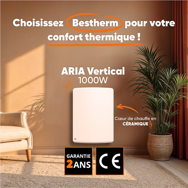 BESTHERM - Radiateur électrique fixe à inertie sèche céramique - BESTHERM - ARIA 1000W  - vertical blanc - large