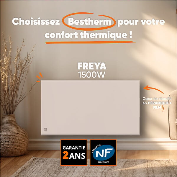 BESTHERM - Radiateur électrique fixe à inertie sèche - Double cœur de chauffe - BESTHERM - FREYA 1500W - horizontal blanc - NF - large