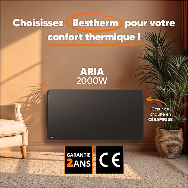 BESTHERM - Radiateur électrique fixe à inertie sèche céramique - BESTHERM - ARIA 2000W  - horizontal noir - large