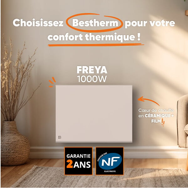 BESTHERM - Radiateur électrique fixe à inertie sèche céramique+film 1000W FREYA horizontal blanc - large