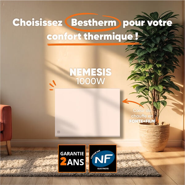 BESTHERM - Radiateur électrique fixe à inertie sèche - Double cœur de chauffe - BESTHERM - NEMESIS 1000W - horizontal blanc - NF - large