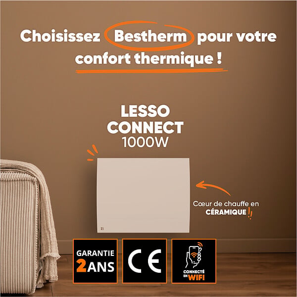 BESTHERM - Radiateur électrique fixe connecté WiFi à inertie sèche céramique - BESTHERM - LESSO CONNECT 1000W - horizontal blanc - large