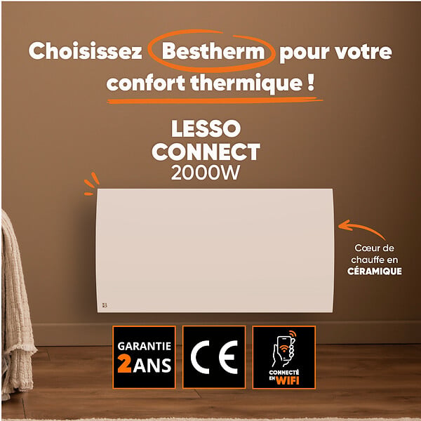 BESTHERM - Radiateur électrique fixe connecté WiFi à inertie sèche céramique - BESTHERM - LESSO CONNECT 2000W - horizontal blanc - large