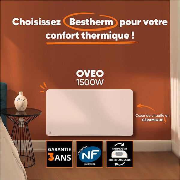 BESTHERM - Radiateur électrique fixe à inertie sèche céramique 1500W plug & play OVEO horizontal blanc - large