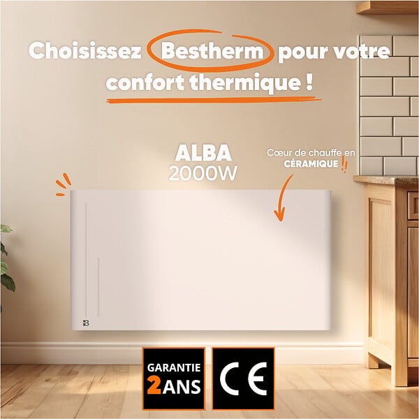 BESTHERM - Radiateur électrique fixe à inertie sèche céramique - BESTHERM - ALBA 2000W - horizontal blanc - large