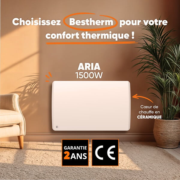 BESTHERM - Radiateur électrique fixe à inertie sèche céramique 1500W ARIA horizontal blanc - large