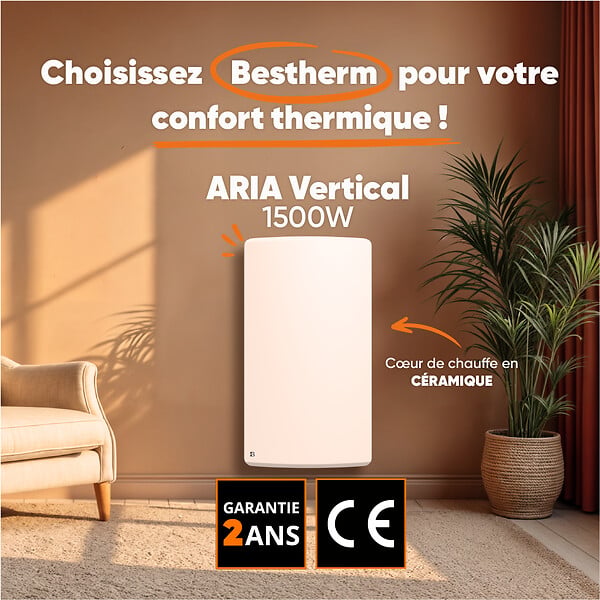 BESTHERM - Radiateur électrique fixe à inertie sèche céramique - BESTHERM - ARIA 1500W  - vertical blanc - large