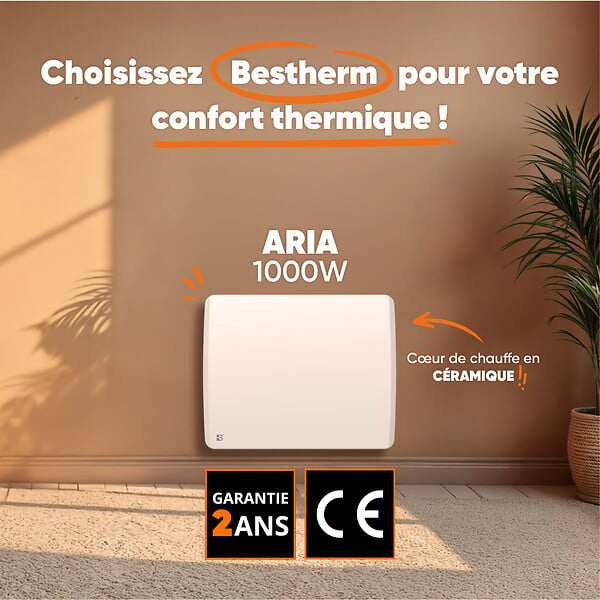 BESTHERM - Radiateur électrique fixe à inertie sèche céramique 1000W ARIA horizontal blanc - large