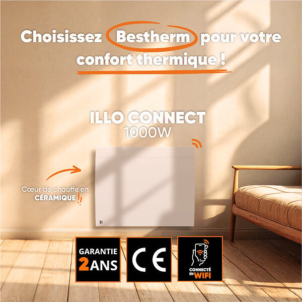 BESTHERM - Radiateur électrique fixe connecté WiFi à inertie sèche céramique - BESTHERM - ILLO CONNECT 1000W - horizontal blanc - large