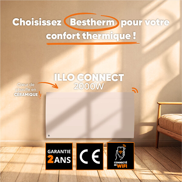 BESTHERM - Radiateur électrique fixe connecté WiFi à inertie sèche céramique - BESTHERM - ILLO CONNECT 2000W - horizontal blanc - large