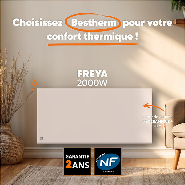 BESTHERM - Radiateur électrique fixe à inertie sèche - Double cœur de chauffe - BESTHERM - FREYA 2000W - horizontal blanc - NF - large
