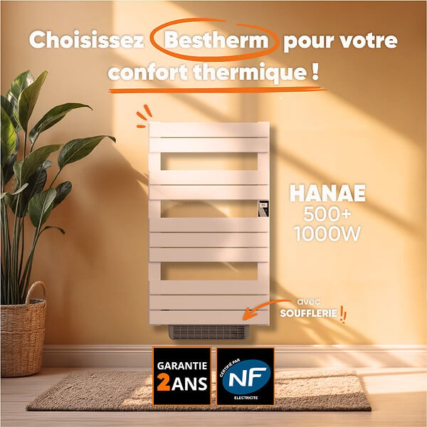 BESTHERM - Sèche-serviette électrique sans fluide avec soufflerie - BESTHERM - HANAE 500 + 1000W - blanc - NF - large